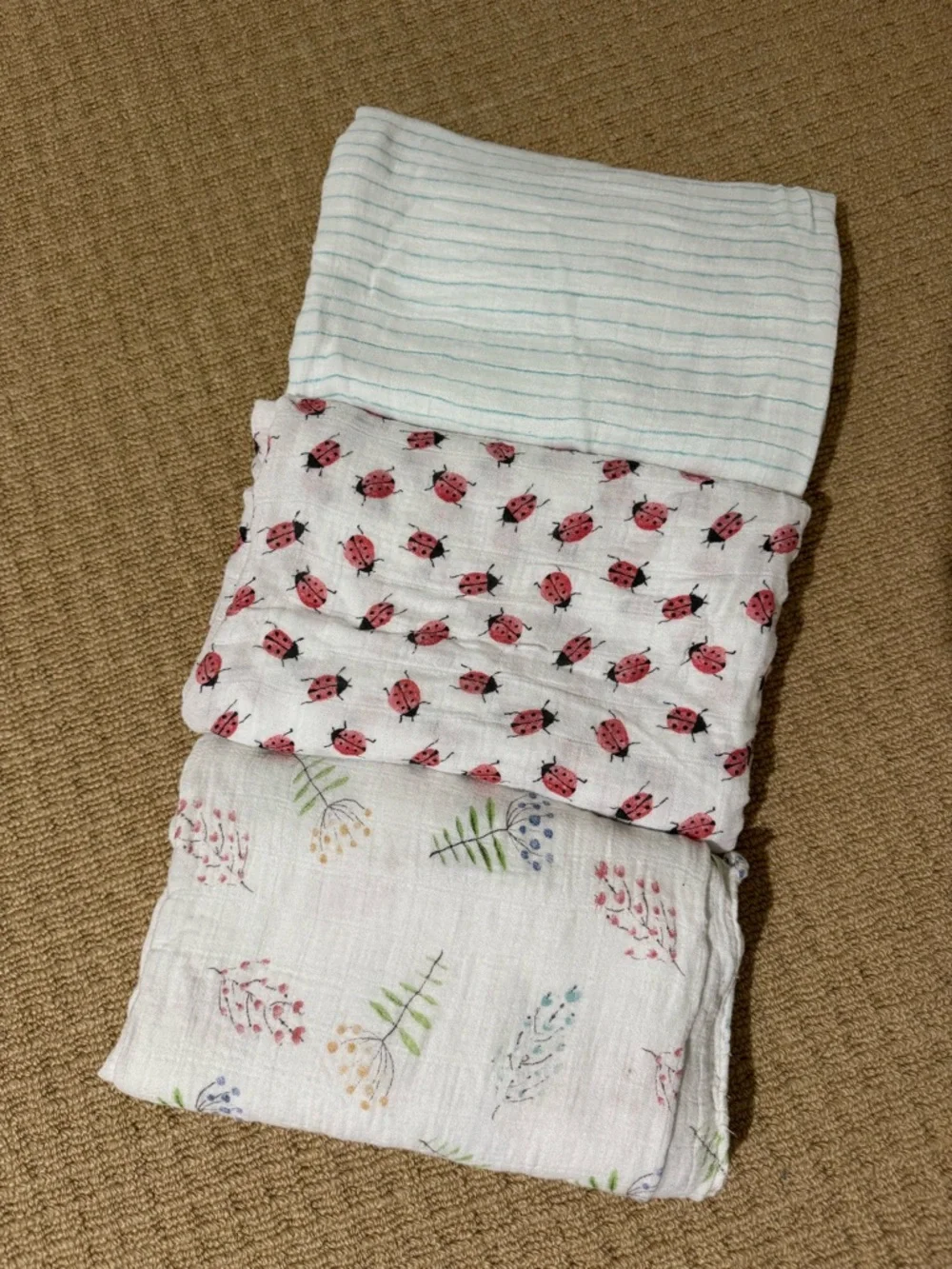 Soft Cotton Muslin Swaddle Set in White with Pink Ladybug and Pastel Prints
